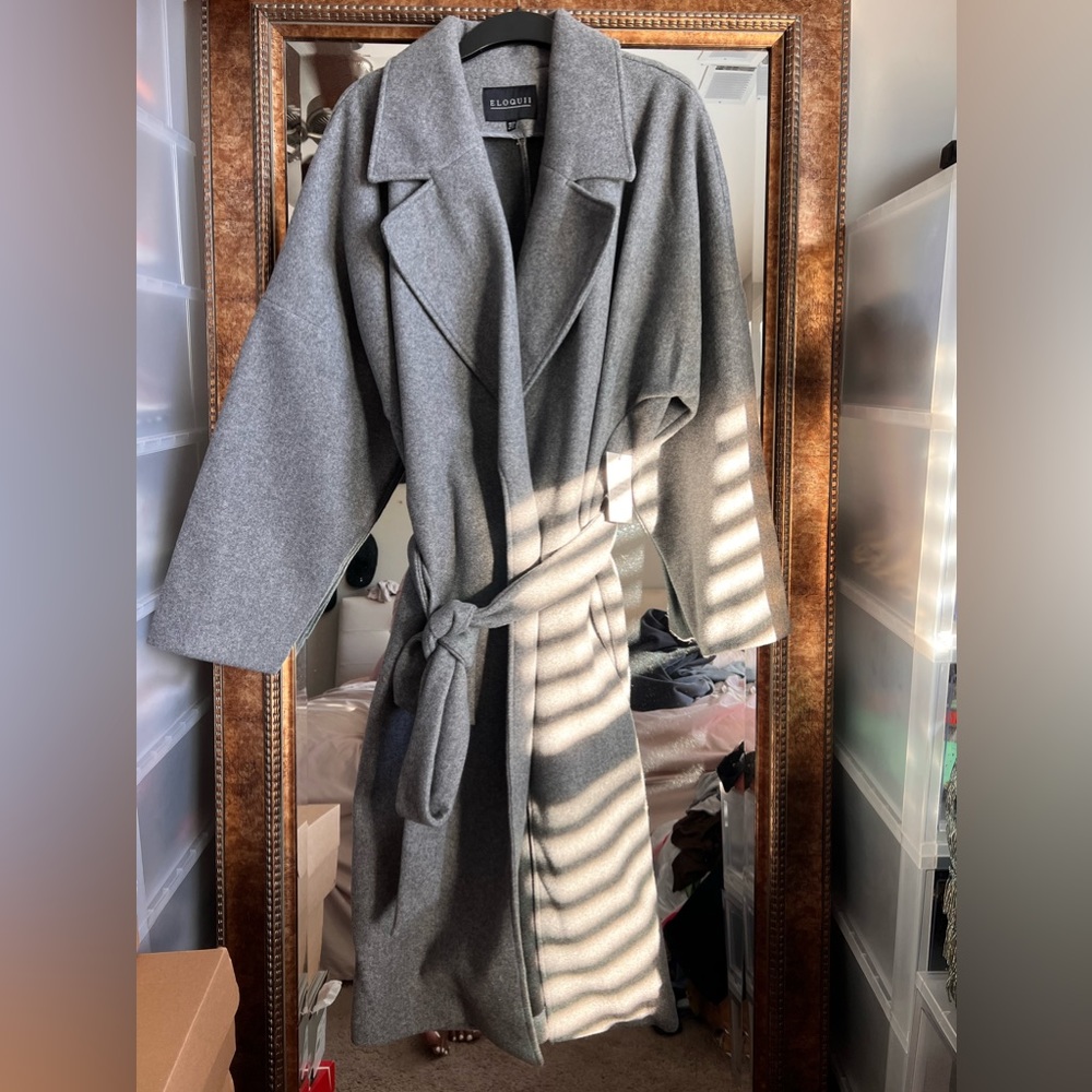 Eloquii maxi coat grey with tie waist